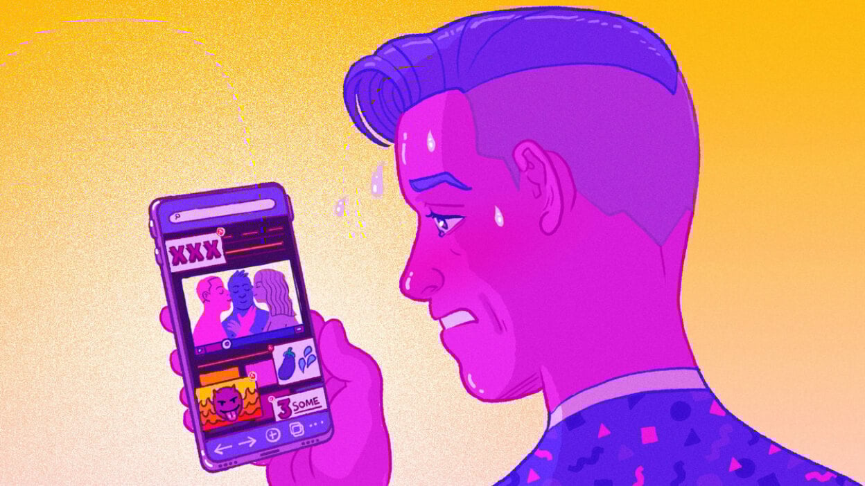 Illustration of a man looking at a porn site on his phone, which he's holding in his hand. 